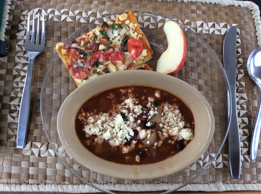 BLACK BEAN SOUP AND PIZZA.