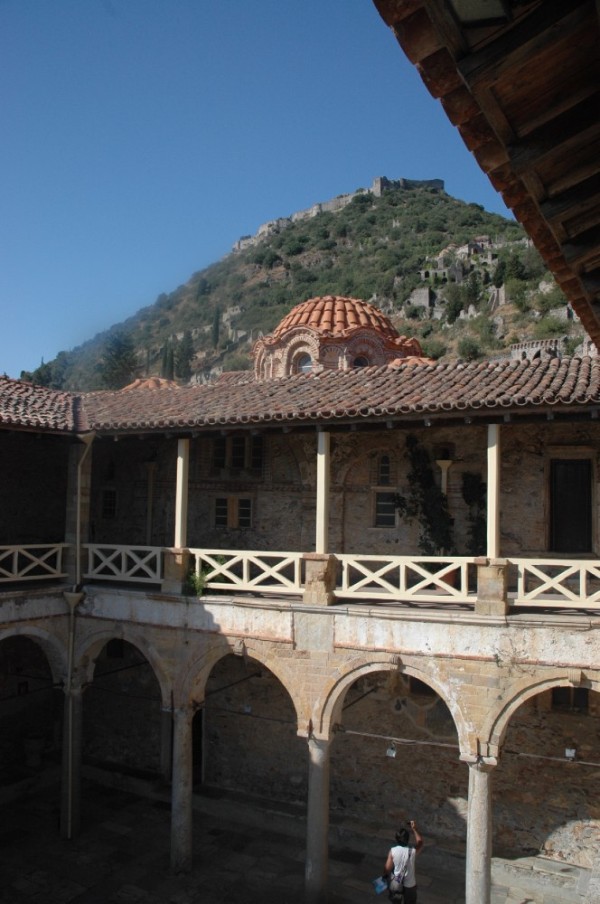 Museum in the lower part of Mystras with citadel on hilltop in the background.