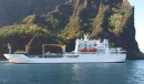 the supply ship Aranui 3 takes about 18 passengers on its trip around the islands, seen here at Ooma, Fatu Hiva.