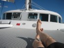 Warwick relaxing on the foredeck