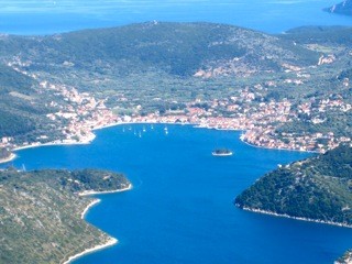 Vathy Bay, Ithaca - you can see our boat way down there!