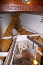 This is a wider view of the forepeak.  Many of the frames and hull planks (generally painted orange here) were replaced by Seaton in the past couple of years.  He had to remove ceiling planks to do this.
