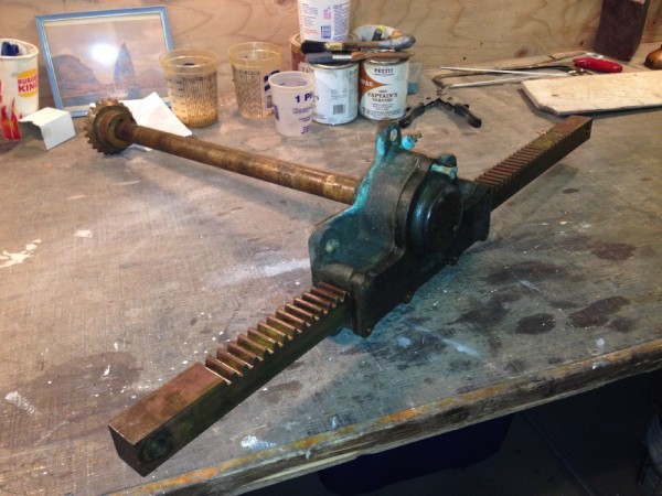 Here the steering gear rack and pinion have been slapped together.  She also cleaned up about a zillion bronze winches and cleats.