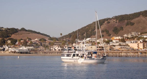 Friday and Andante rafted up at anchor off the Cal Poly pier in San Luis Obispo Bay