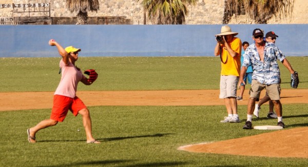 Mary pitching in the Ha-Ha baseball game against the townies