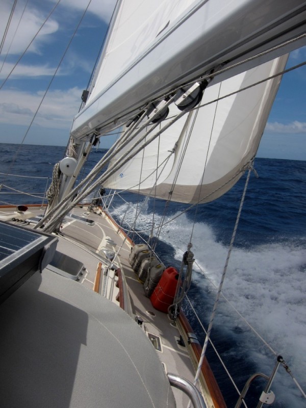 28 knots on the nose.  We are close hauled with staysail and double reefed main.  She is smoking!