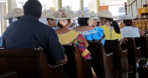 Worship at the Evangelical Church in Papeete.  Services in Tahitian and French.  The ladies are decked out for service. 