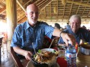 Bob and Peter show us the molcajete with shell fish and meats to share...umm..