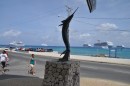 Grand Cayman is visited by about 6 cruise ships a day.  There is no cruise ship dock so the ships anchor and passengers get ferried back and forth,
