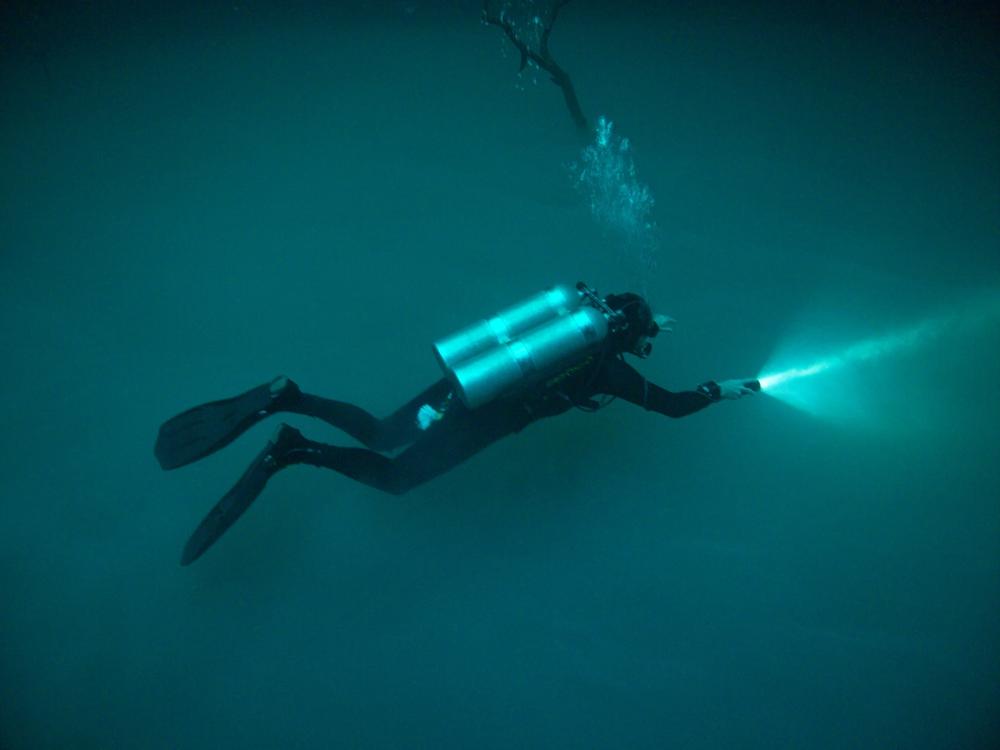 The diver is floating above a thick layer of Hydrogen Sulphide in the Angelita Cenote.