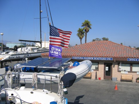 IMG_6038: THIRD DAY sits in Ventura Harboar Boat yard proudly flying the 2007 Baja Ha ha Burgie