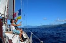 June 11.  Raising courtesy and Q flags for entry to Marquesas