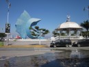 Sailfish statue and gazebo on the Waterfront Plaza in historic downtown Monzanillo.  