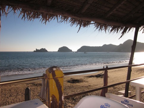 Looking towards Melaque anchorage from palapa on beach.