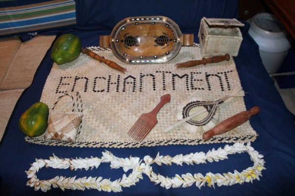 The villages presented us with these hand made gifts the day of our departure.  The bowl is hand carved from a solid block of local wood and inlaid with the inside of chambered nautilus shells, collected from outside the reef.   The nautilus lives below 600 feet and surfaces at night to feed.  It is not uncommon to find their unbroken shells along the reef.  The material looks much like mother of pearl.  These items in the Suva craft market would cost hundreds of dollars.