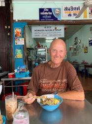 This is more our style,  and budget.  A hole in the wall noodle bowl soup shop,  rated one of the best local eateries in Old Phuket Town.   Noodles, shrimp,  chicken, wantons in a flavorful broth.  Lunch for two including drinks,  160 baht = $4.75 USD