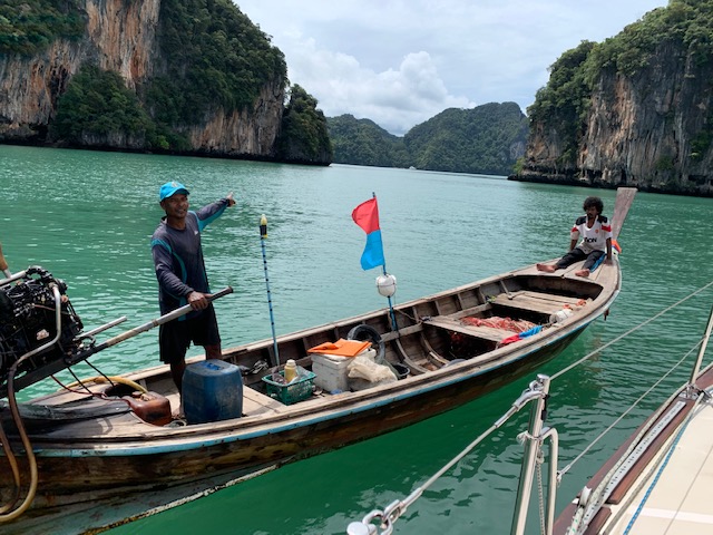 Our peaceful anchorage was visited by a local fisherman who sold us a kg of fresh shrimp.  He also had some crabs and small fish.  The price was fair but probably a little higher than normal for the area.