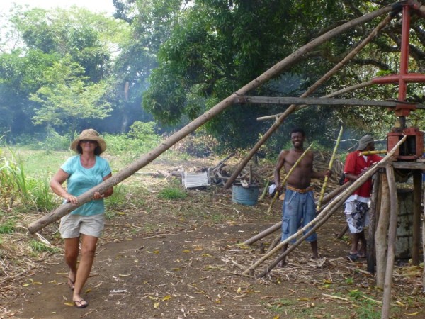 Michelle helping turn the man powered sugar cane press
