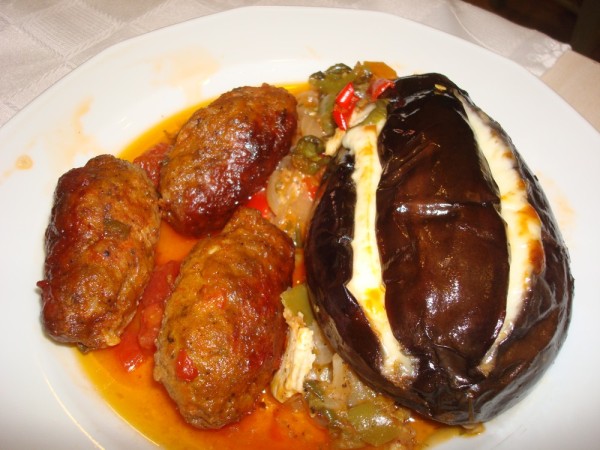 Typical lunch of veg/meat/cheese stuffed aubergine served with lamb/mint meatballs 