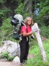 Alison finds the start of the Deception Creek trail which will take us off the PCT and down to Highway 2 near Skykomish.