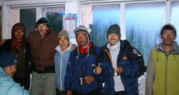 Geoff and sherpa friends at the Macchapucchare base camp