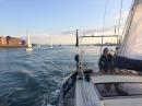 Departing: Dawn takes the helm as we depart Portsmouth Harbour