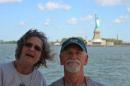 Nancy and I: Nancy and I.  It was very windy.  Statue of Liberty in the background