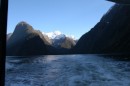 Milford Sound, South Island, NZ.  The size of the mountains surrounding the sound are deceiving.  They are very big and the cliffs are very high and nearly vertical.  