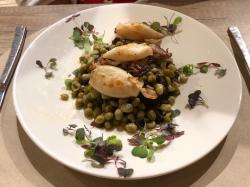 Calamar with peas and black pudding