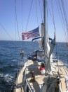Cruzin about 5 knots with just the headsail