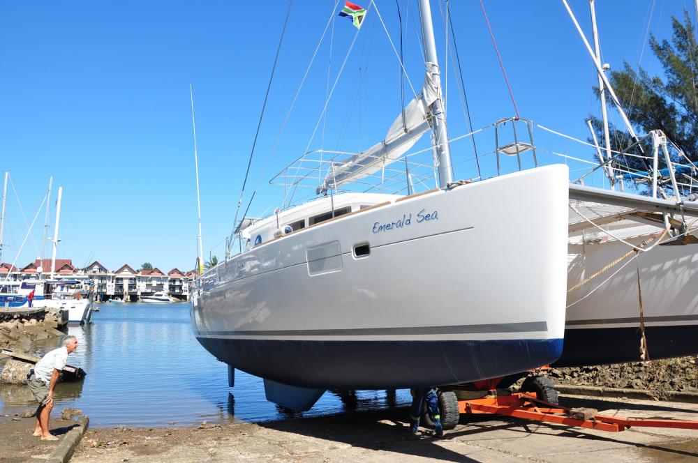 Haulout at ZYC in Richards Bay: looking shiny after a good waxing and hull painting; November 2015
