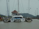 Boats in front of us in Mira Flores locks, rafted together.