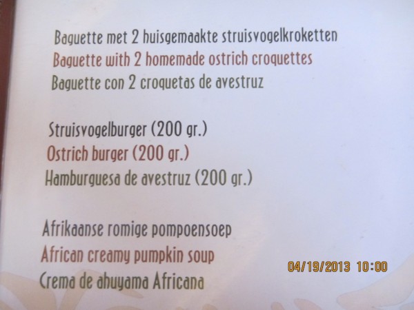 Menu at the restaraunt featuring non other than ostrich!