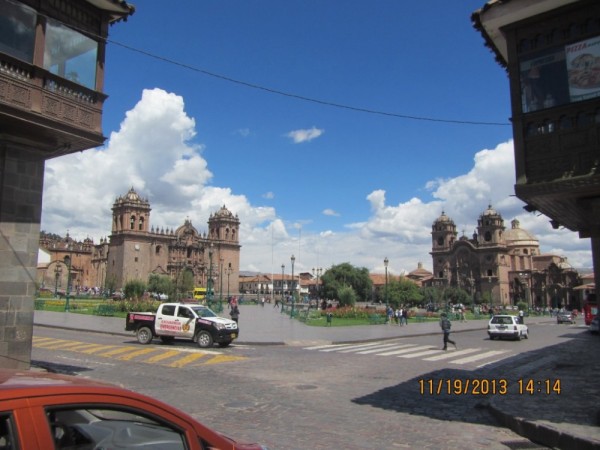 The Plaza de Armas with the Cathedral on the left and another church on the right, both built on top of palaces for the Inca Kings.