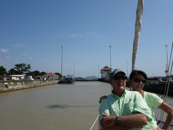Bryan and Bonnie on the bow as we enter the Pedro Miguel Lock.