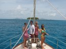 Brother Brent with Linda, Kaci & Kimi saling into Tabago Cays with Gail & Tony, July 2012.