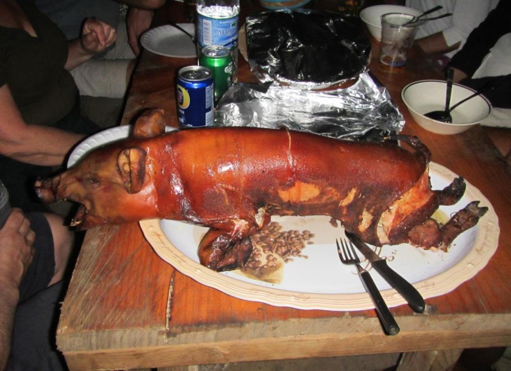 One of two roasted pigs.