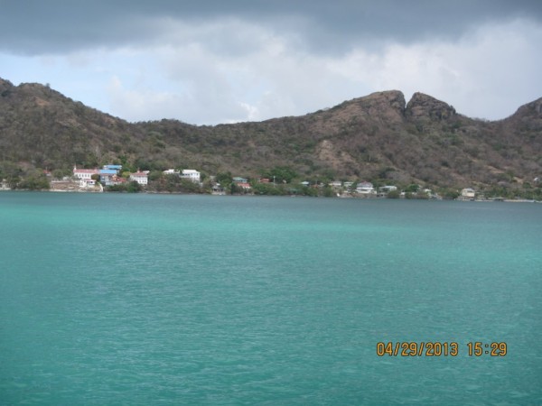 View from our new anchorage in Providencia, facing the cut in the hill, called "Morgan