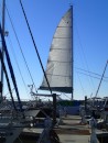 Sunlit sail at the end of B Dock, Rivers Edge Marina, St. Augustine FL.