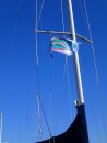 By the time we return from Carolina, football season is in full swing. Our friends Randy and LeDean proudly fly a Florida Gators (University of Florida) flag from the flag halyard of their sailing yacht, s/v Rendition. (Rivers Edge Marina, St. Augustine, Florida)  