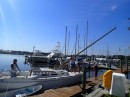 When all is ready, the mast is slowly lowered. (Rivers Edge Marina, St. Augustine FL)