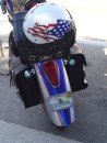 A patriotic helmet hangs from this bike. (Historic St. Augustine FL)