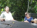 We enjoy drinks at the outdoor picnic table with Morley and Kristina.