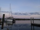 As evening falls, a full moon appears. (Rivers Edge Marina, St. Augustine FL)
