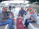 One temperate evening we sit for awhile with our Newfoundlander friend Harold on his Beneteau (a newer model than ours.) Fellow cruiser Larry joins us.  From left: Jim, Harold & Larry. (s/v Ghost III, Rivers Edge Marina, St. Augustine FL)