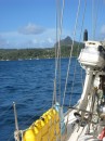 Diesel jugs, water jugs and dinghy motor were secured on the port deck for our sail to Bora Bora. 