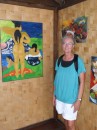 Ann inside the "House of Pleasure," Hiva Oa home of Paul Gauguin