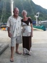 This is how we dress up in American Samoa. Here Ann, in a puletasi, and Jim pose for a photo while on their way to Sadie Thopmson Inn for a glass of wine.