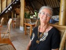 Ann at her birthday celebration at the Manihi Pearl Beach Resort BEFORE the notorious dinghy ride back to the boat. (Necklace is the creation and gift of Marquesan friend Celina Bonet of Nuku Hiva.)