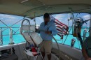 Bandit-the Bahamian Harbor Pilot we hired to take us through the Devils Backbone headed for Harbourtown.